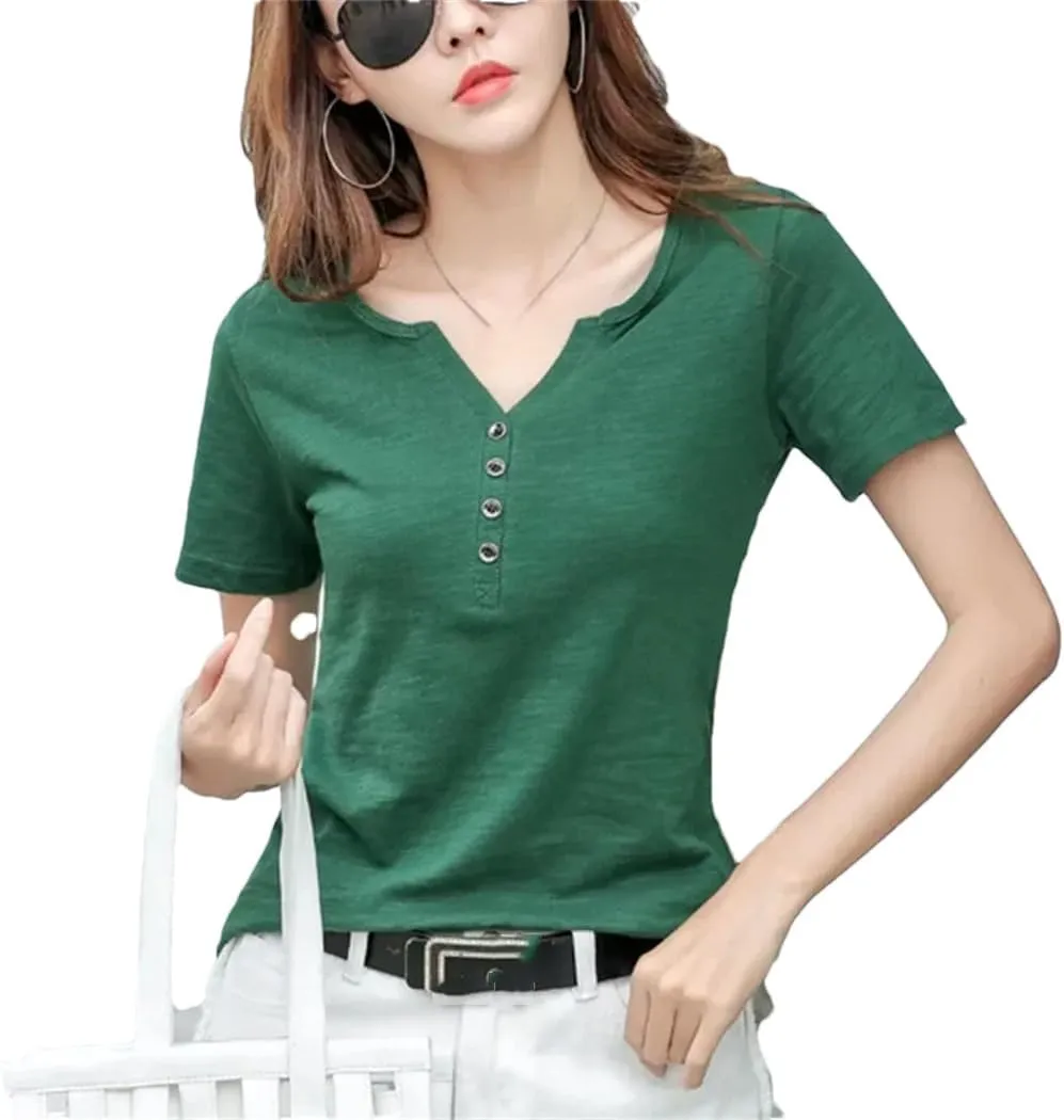 Women's Summer Korean Loose Button Shirt Female V Neck Short Sleeve Cotton T-Shirts Casual Tees Tops