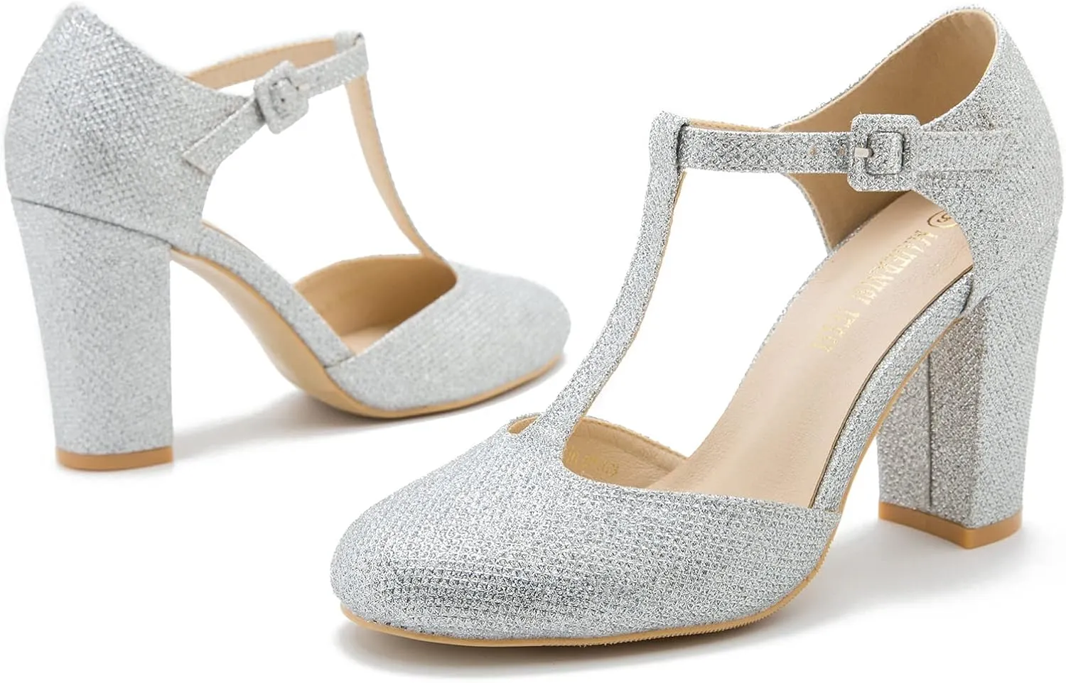 Women's T-Strap Block Chunky Heel Mary Jane Pumps Cut Out Wedding Dress Shoes