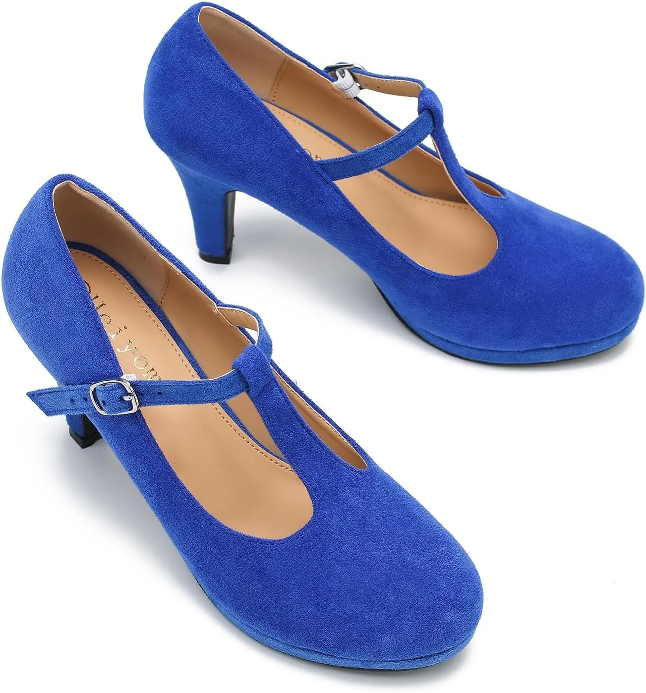 Womens T Strap High Heels Close Toe Classic Round Toe Shoes Comfortable Low Platform Ankle Strap Mary Jane Dress Pumps