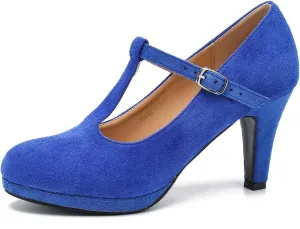 Womens T Strap High Heels Close Toe Classic Round Toe Shoes Comfortable Low Platform Ankle Strap Mary Jane Dress Pumps