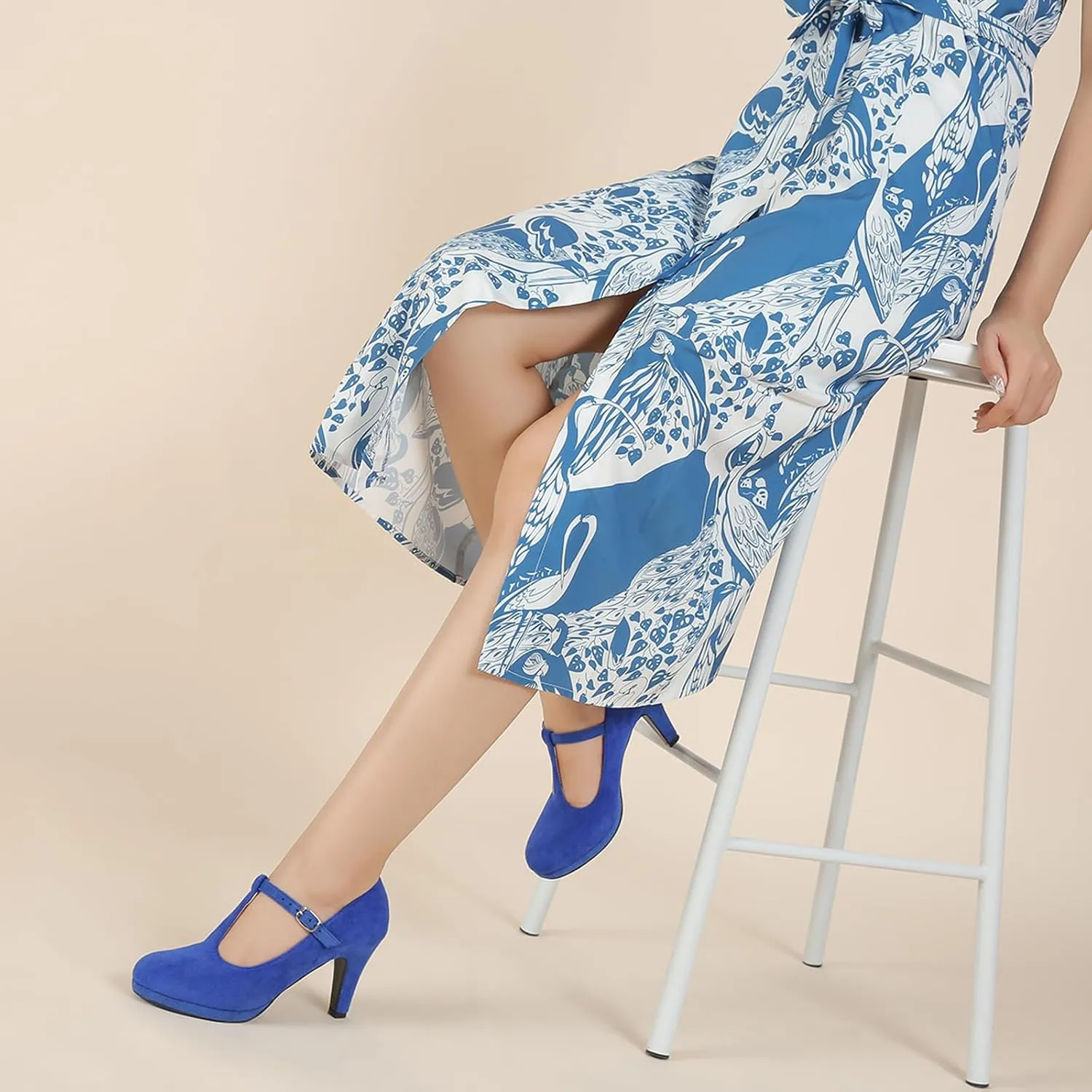 Womens T Strap High Heels Close Toe Classic Round Toe Shoes Comfortable Low Platform Ankle Strap Mary Jane Dress Pumps