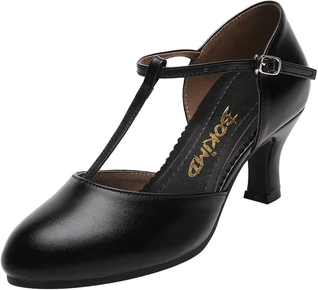 Women's T-Strap Latin Salsa Dance Heels Non-Slip Ballroom Character Shoes Wedding Prom Pumps