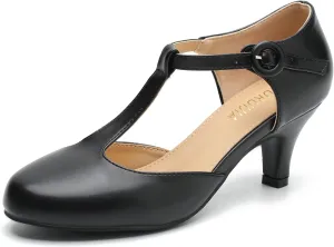 Womens T Strap Low Kitten Heels Ankle Strap Mary Janes Comfortable Vintage Closed Toe Wedding Dress Shoes Pumps Black Matte 9.5