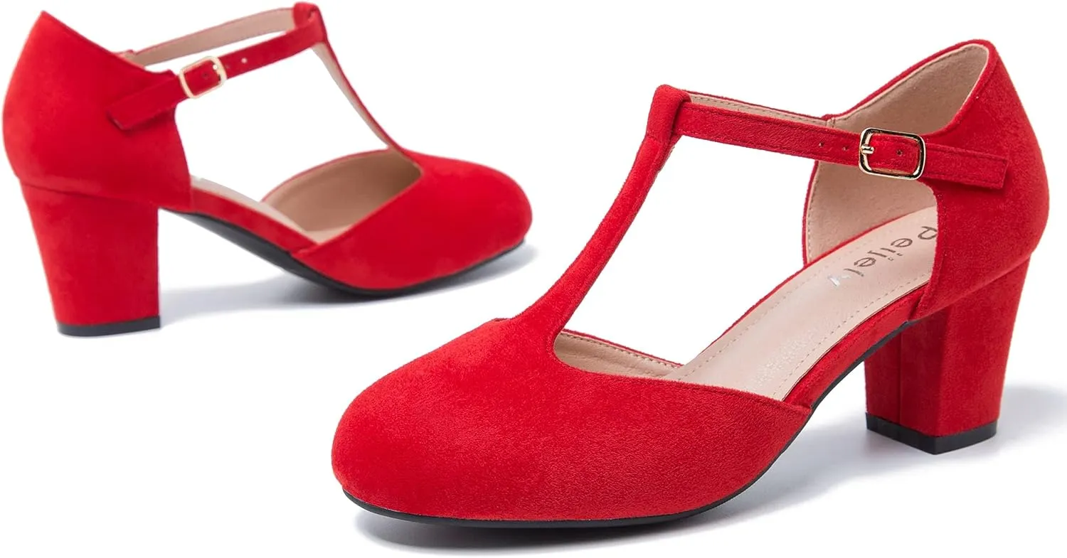 Womens T Strap Mary Jane Shoes Chunky Block Heel Ankle Strap Buckle Dress Pumps