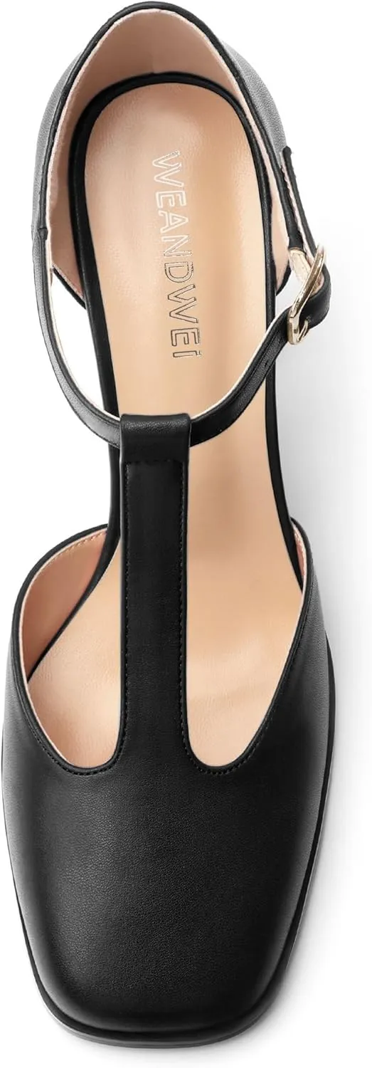 Womens T Strap Mary Janes Pumps, Square Toe Block High Heel Ankle Strap Shoes for Women