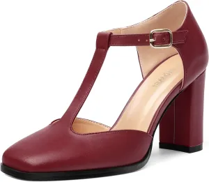 Womens T Strap Mary Janes Pumps, Square Toe Block High Heel Ankle Strap Shoes for Women