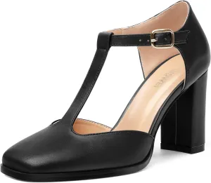 Womens T Strap Mary Janes Pumps, Square Toe Block High Heel Ankle Strap Shoes for Women