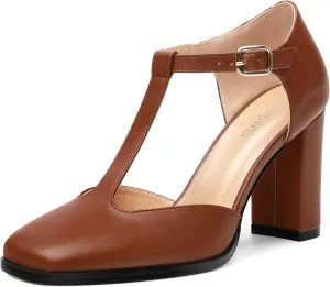 Womens T Strap Mary Janes Pumps, Square Toe Block High Heel Ankle Strap Shoes for Women