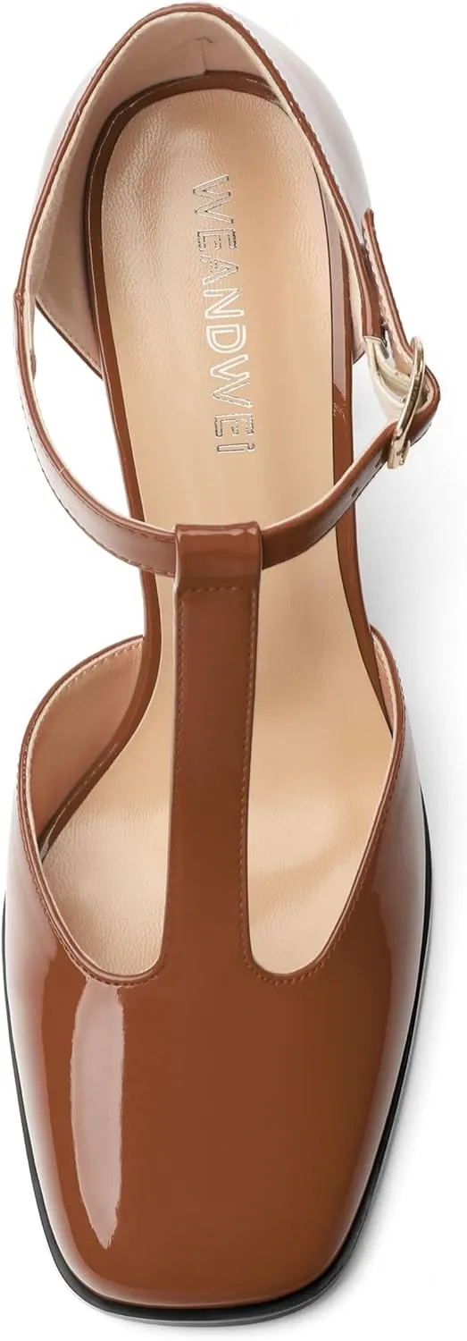 Womens T Strap Mary Janes Pumps, Square Toe Block High Heel Ankle Strap Shoes for Women