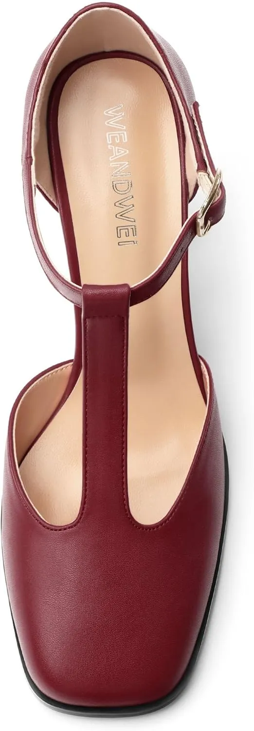 Womens T Strap Mary Janes Pumps, Square Toe Block High Heel Ankle Strap Shoes for Women