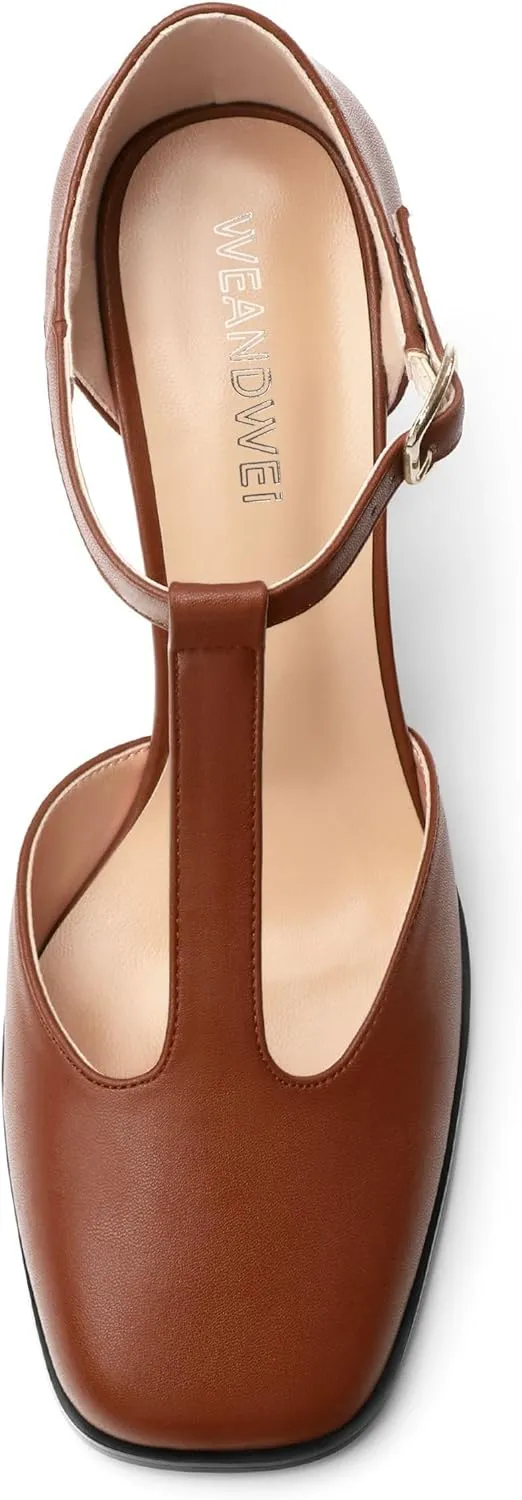 Womens T Strap Mary Janes Pumps, Square Toe Block High Heel Ankle Strap Shoes for Women