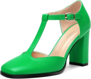 Womens T Strap Mary Janes Pumps, Square Toe Block High Heel Ankle Strap Shoes for Women
