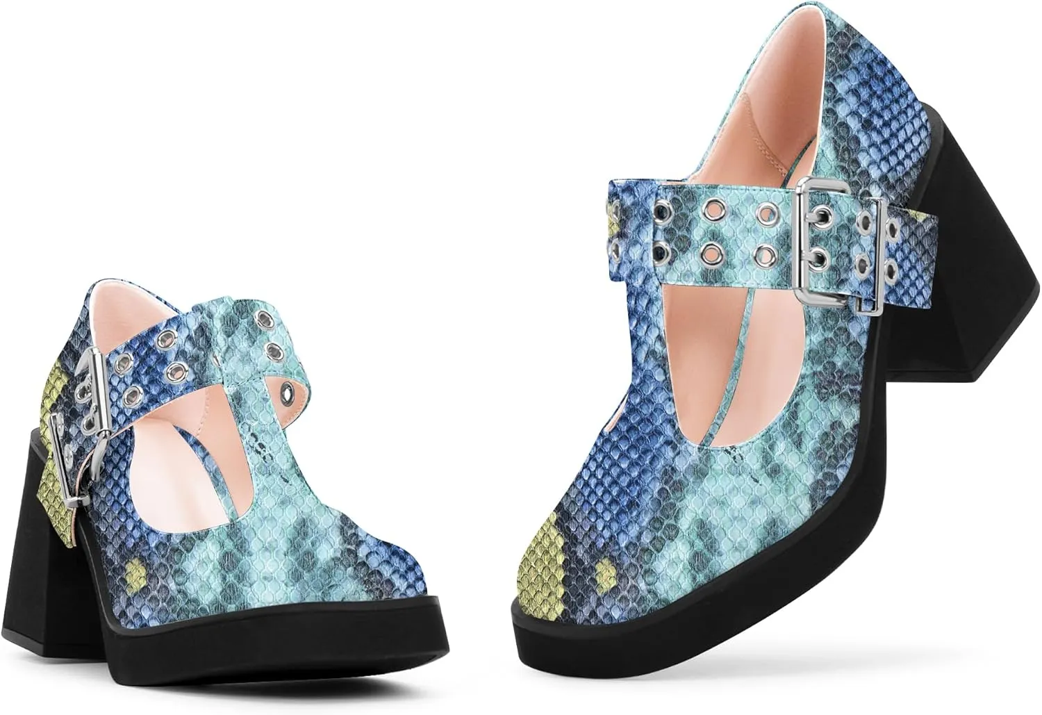 Women's T-Strap Platform Block Heel Mary Janes Pumps Square Toe Buckle Punk Dress Shoes