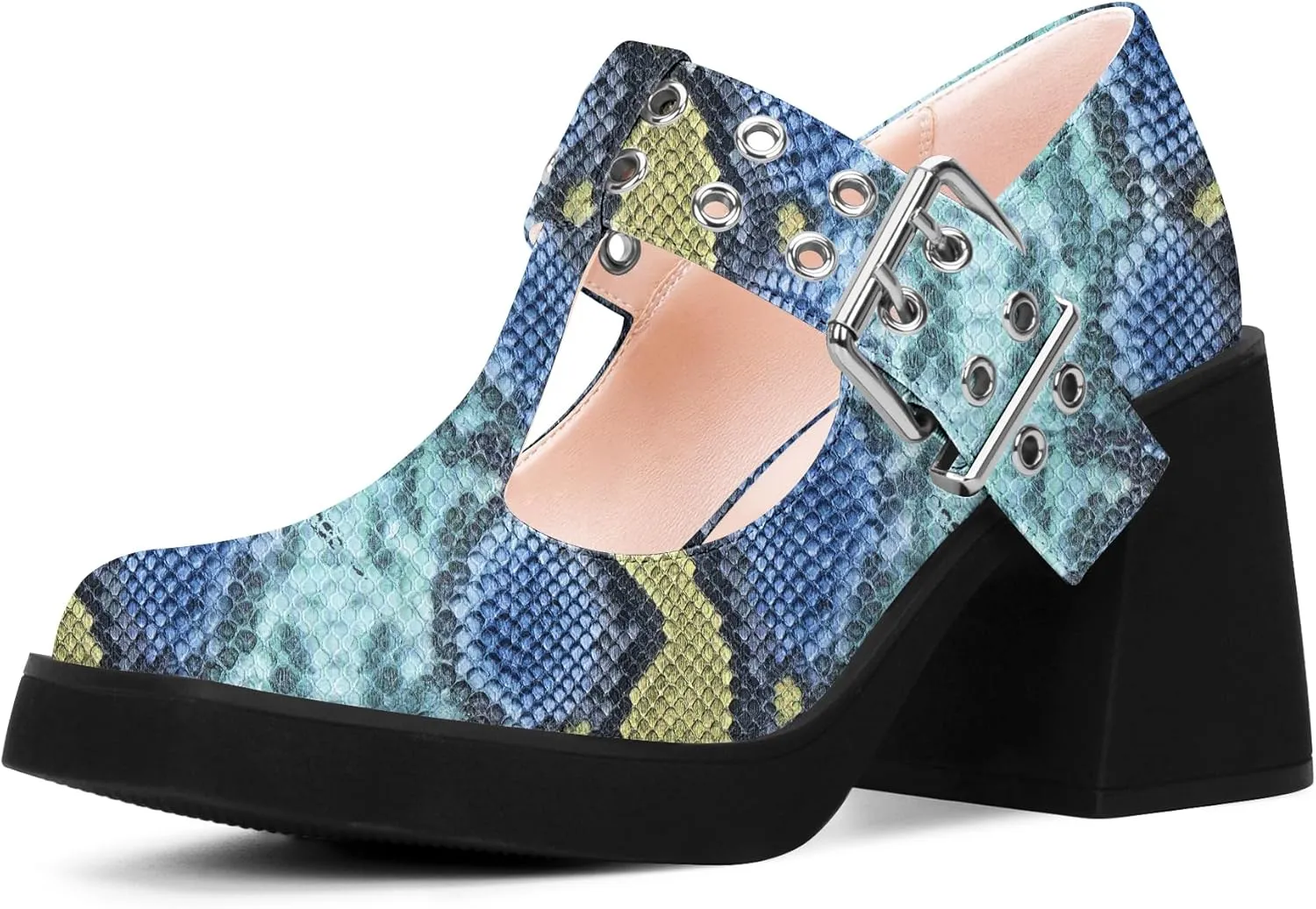 Women's T-Strap Platform Block Heel Mary Janes Pumps Square Toe Buckle Punk Dress Shoes