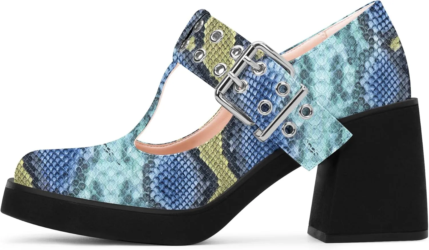 Women's T-Strap Platform Block Heel Mary Janes Pumps Square Toe Buckle Punk Dress Shoes