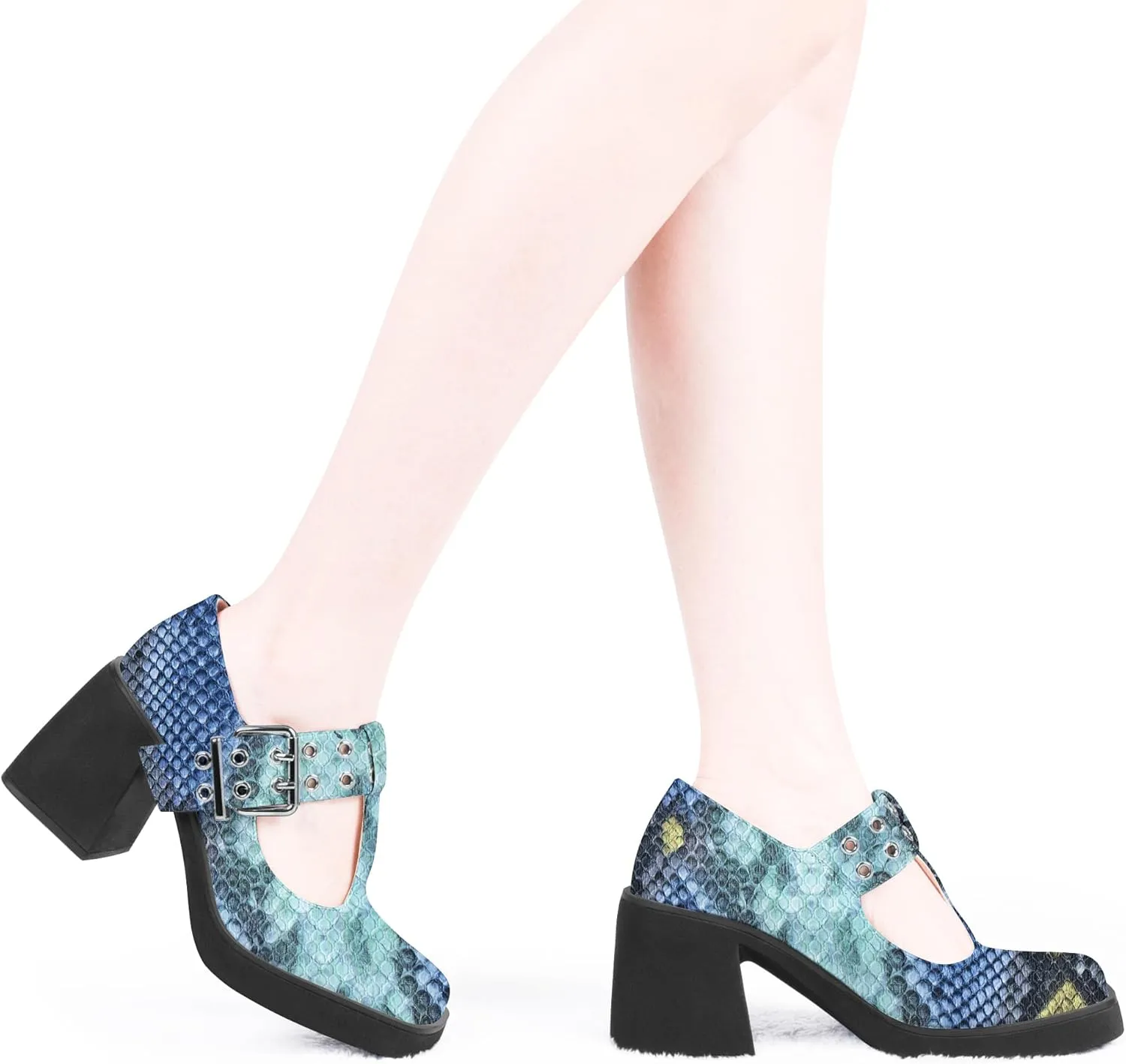 Women's T-Strap Platform Block Heel Mary Janes Pumps Square Toe Buckle Punk Dress Shoes