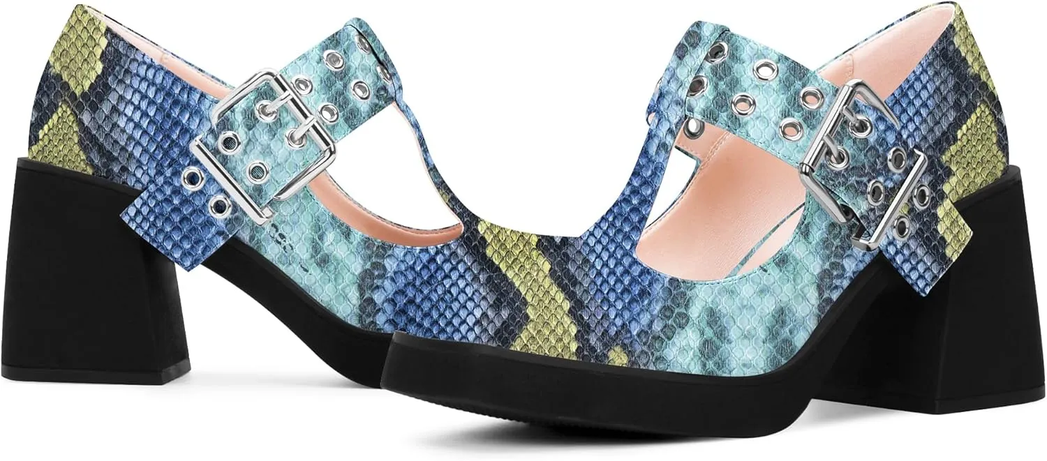 Women's T-Strap Platform Block Heel Mary Janes Pumps Square Toe Buckle Punk Dress Shoes