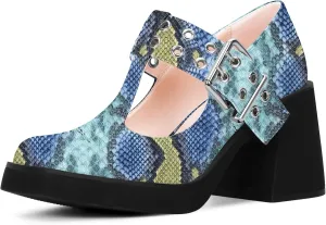 Women's T-Strap Platform Block Heel Mary Janes Pumps Square Toe Buckle Punk Dress Shoes