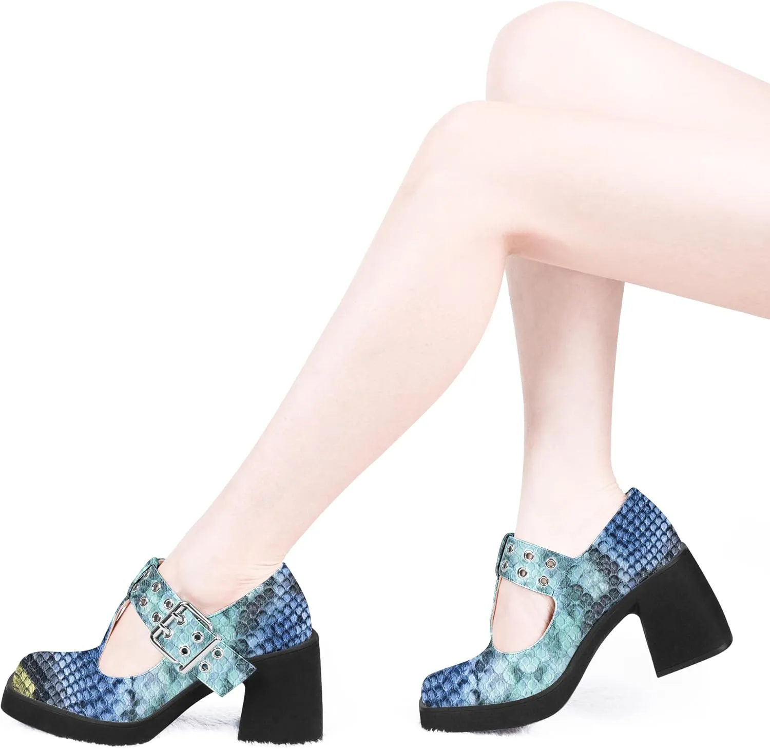 Women's T-Strap Platform Block Heel Mary Janes Pumps Square Toe Buckle Punk Dress Shoes