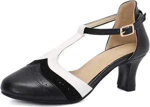 Womens T-Strap Two-Tone Round Toe Cute Kitten Heel Retro Ankle Strap Mary Jane Pumps D'Orsay Pumps