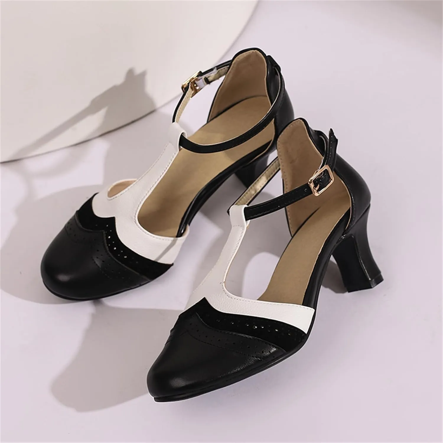 Womens T-Strap Two-Tone Round Toe Cute Kitten Heel Retro Ankle Strap Mary Jane Pumps D'Orsay Pumps