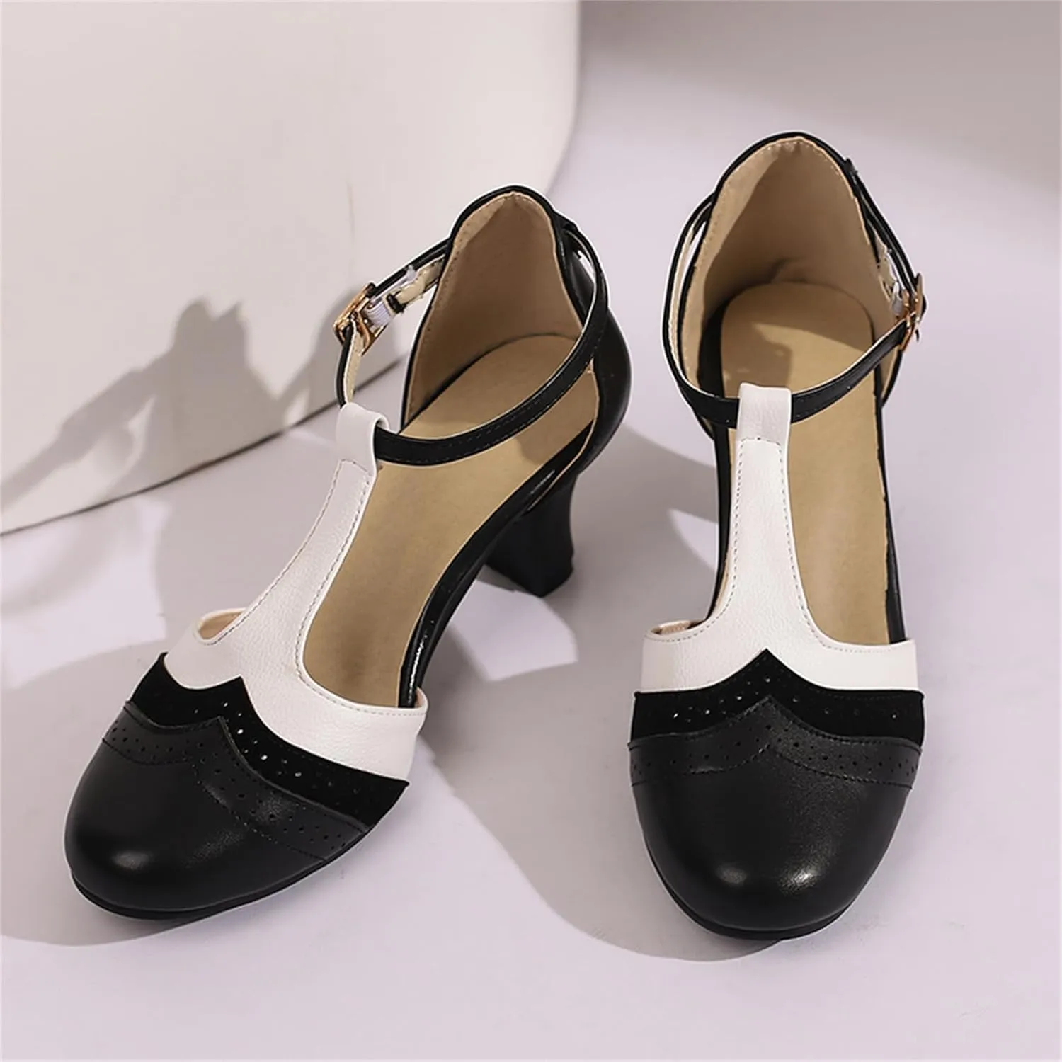 Womens T-Strap Two-Tone Round Toe Cute Kitten Heel Retro Ankle Strap Mary Jane Pumps D'Orsay Pumps