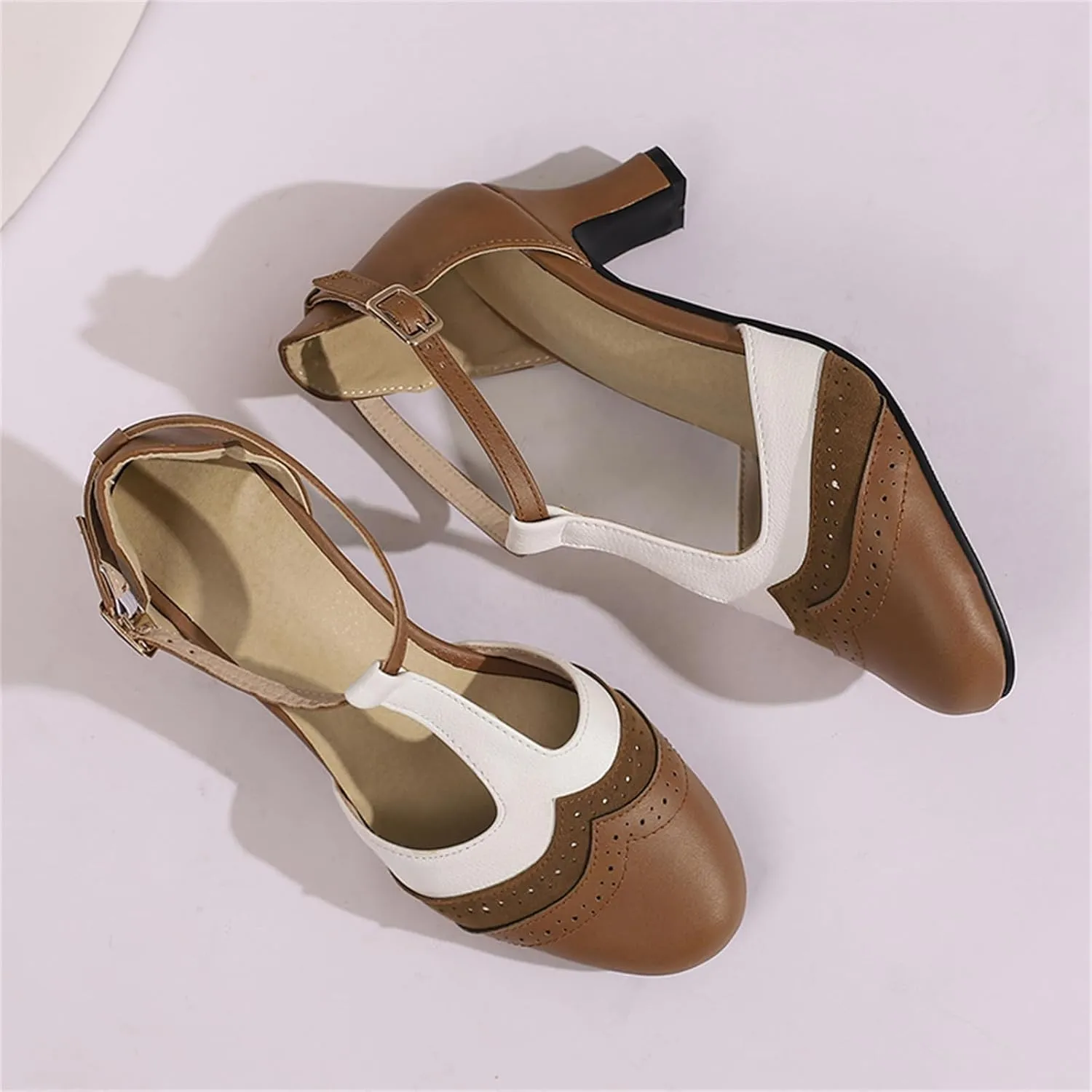 Womens T-Strap Two-Tone Round Toe Cute Kitten Heel Retro Ankle Strap Mary Jane Pumps D'Orsay Pumps
