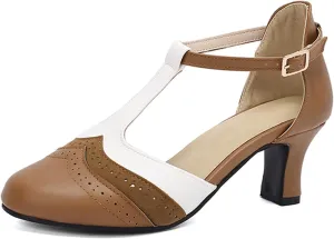 Womens T-Strap Two-Tone Round Toe Cute Kitten Heel Retro Ankle Strap Mary Jane Pumps D'Orsay Pumps