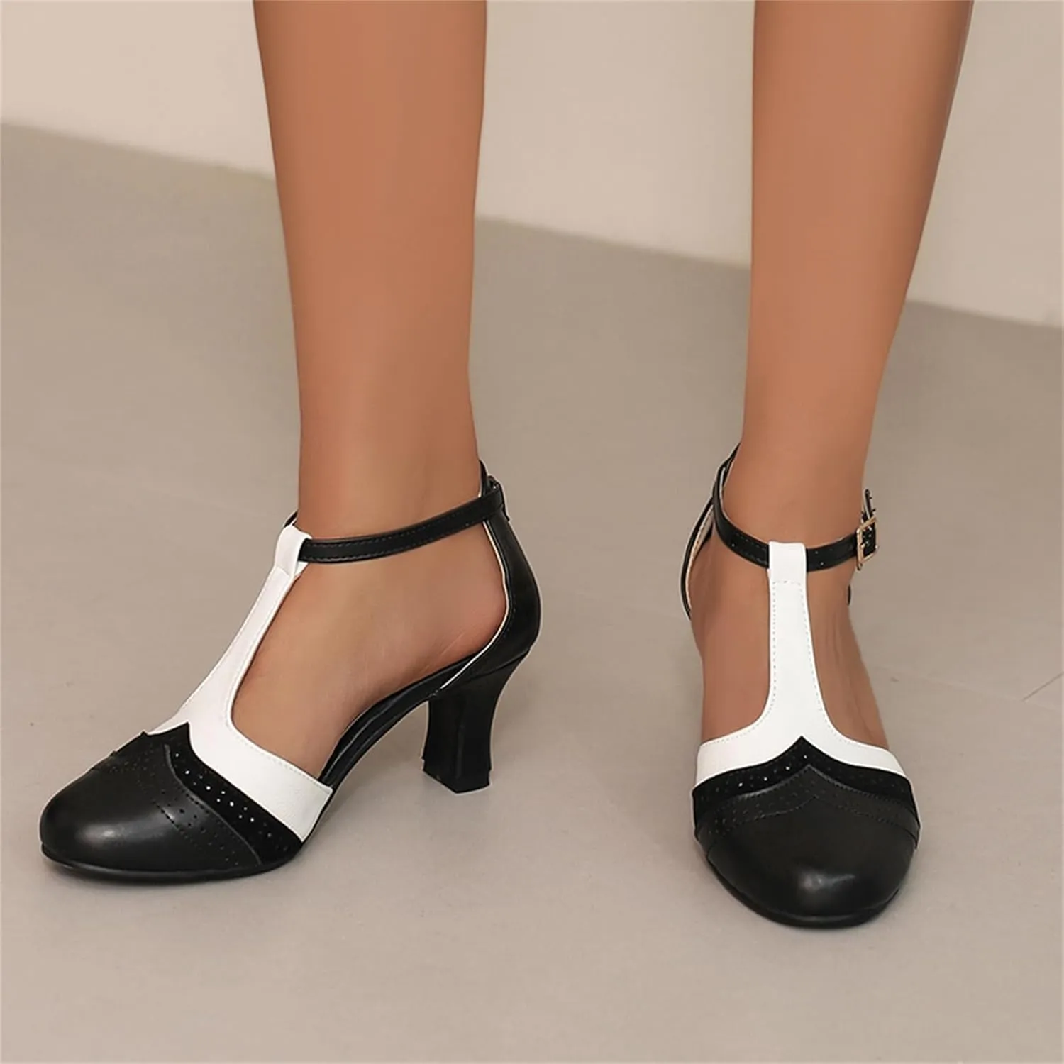 Womens T-Strap Two-Tone Round Toe Cute Kitten Heel Retro Ankle Strap Mary Jane Pumps D'Orsay Pumps