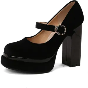 Womens Velvet Mary Jane Pumps Platform High Chunky Heel Square Toe Ankle Strap Dressy Party Shoes