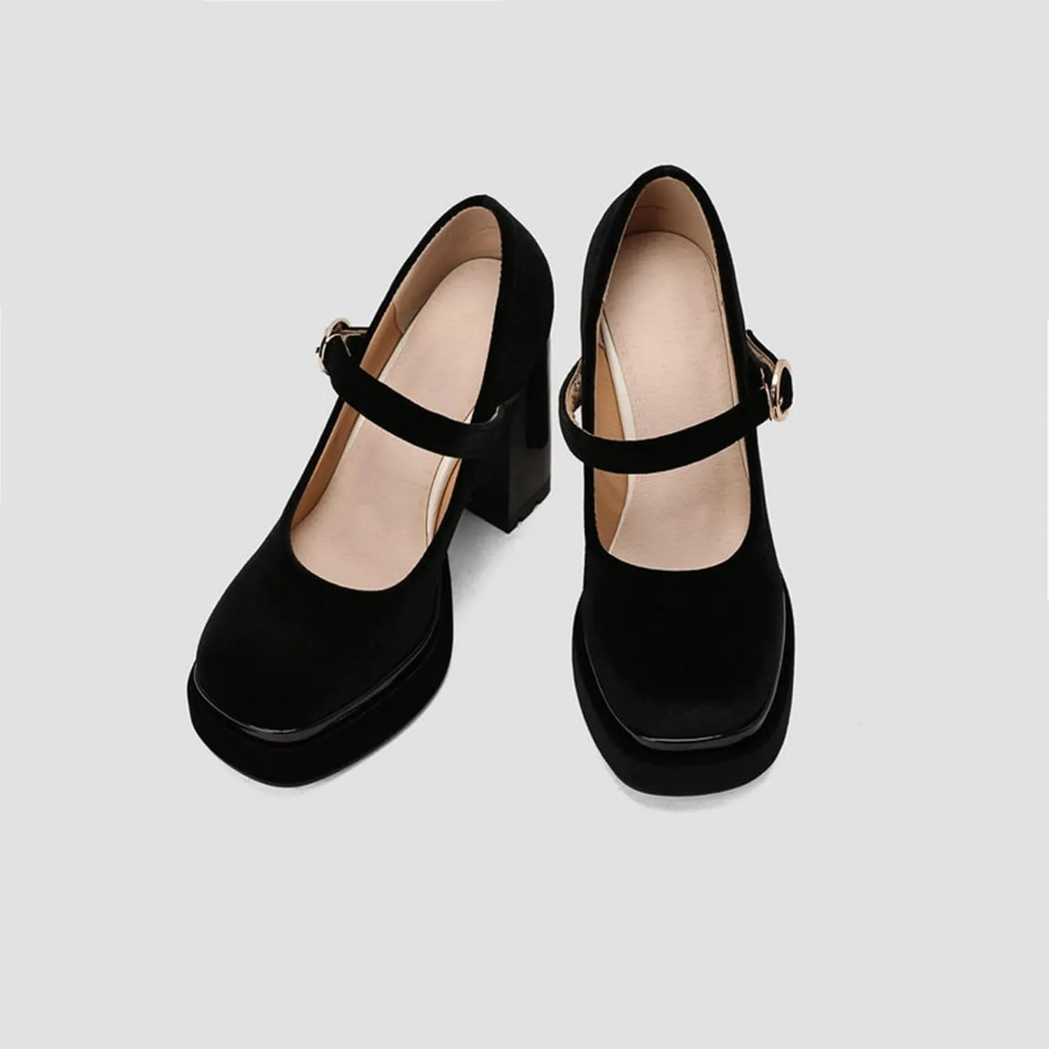 Womens Velvet Mary Jane Pumps Platform High Chunky Heel Square Toe Ankle Strap Dressy Party Shoes
