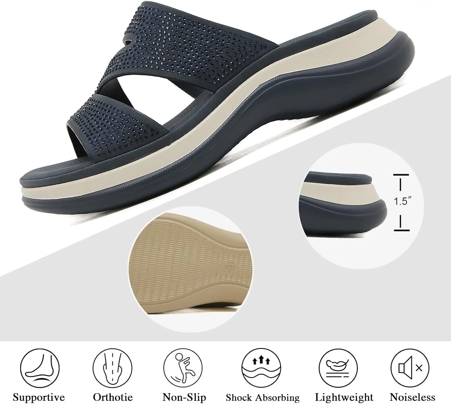 Women's Z-Strap Fashion Rhinestone Sandals with Arch Support,Comfortable Platform Slip On Cushion Slides for Beach Pool Bedroom