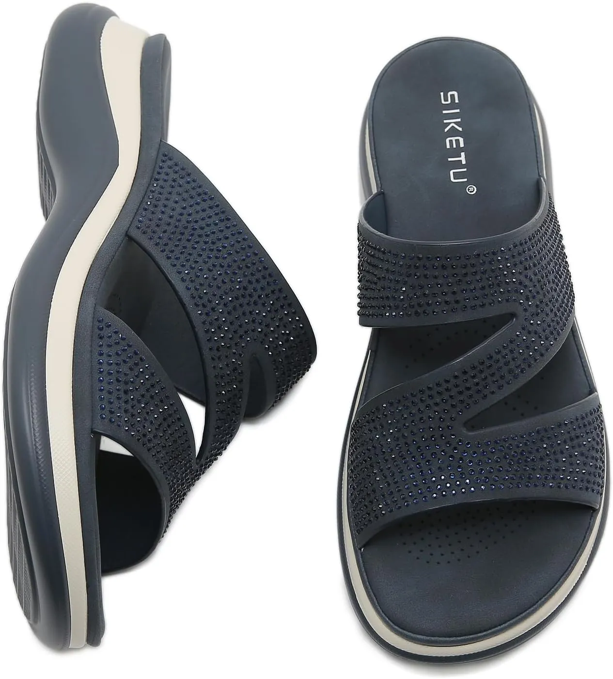 Women's Z-Strap Fashion Rhinestone Sandals with Arch Support,Comfortable Platform Slip On Cushion Slides for Beach Pool Bedroom