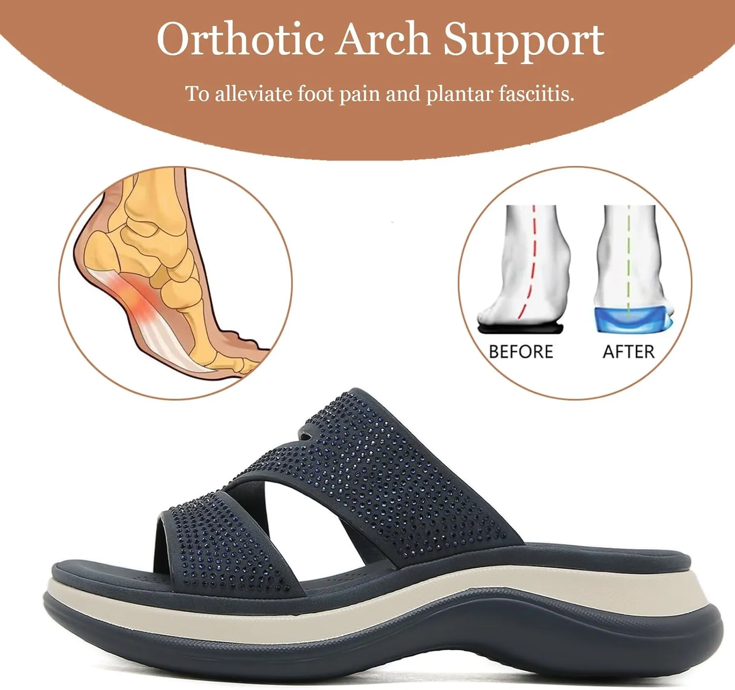 Women's Z-Strap Fashion Rhinestone Sandals with Arch Support,Comfortable Platform Slip On Cushion Slides for Beach Pool Bedroom