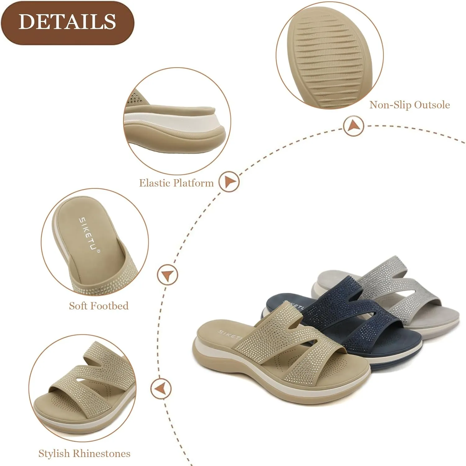 Women's Z-Strap Fashion Rhinestone Sandals with Arch Support,Comfortable Platform Slip On Cushion Slides for Beach Pool Bedroom