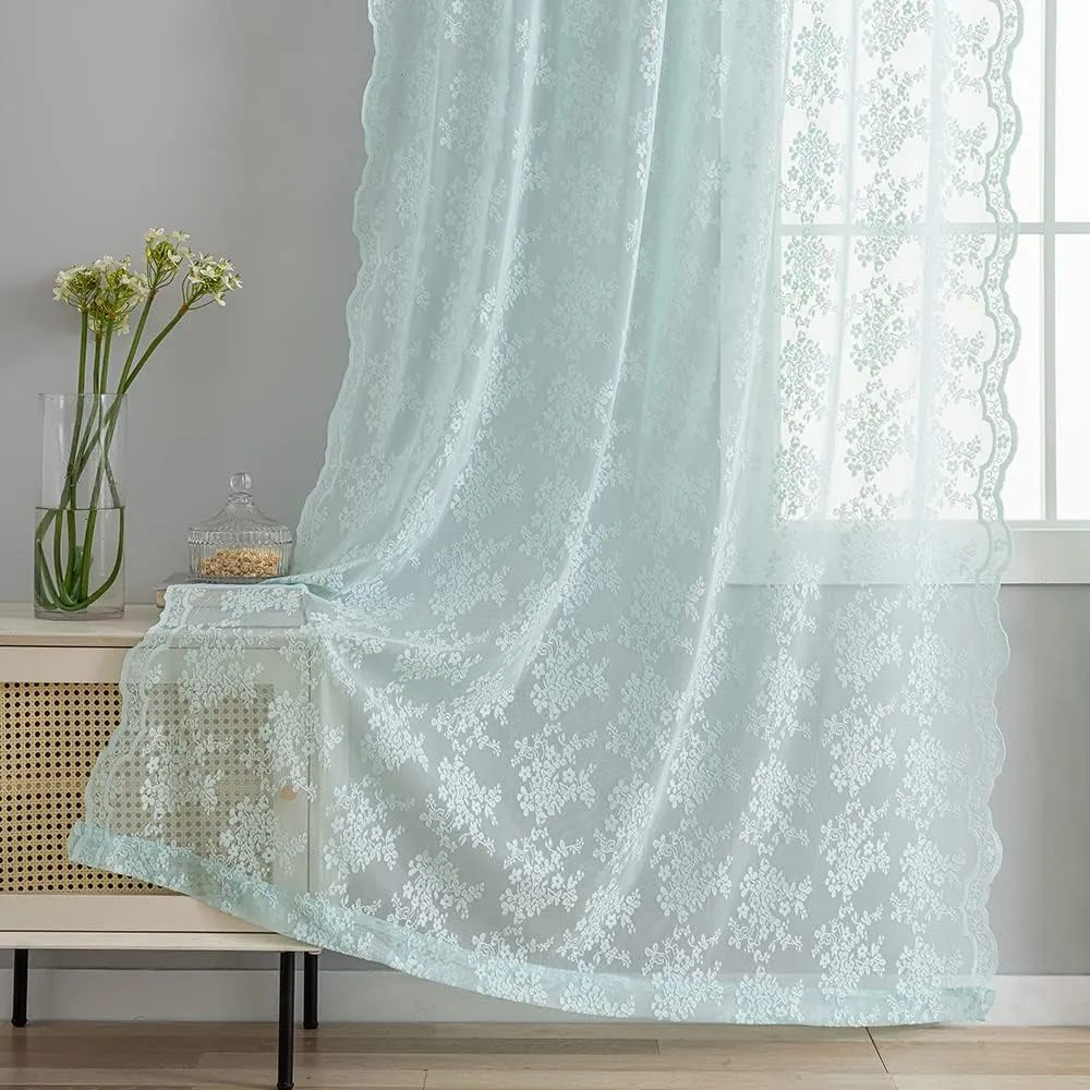 YJ YANJUN Aqua Sheer Curtains 84 inches Long 2 Panels Set, Retro Mint Green Lace Curtains for Girls Living Room Shabby Chic Memaid/Beach/Boho Room Decor, 52Wx84L Seafoam/Peal Aqua/Egg Blue