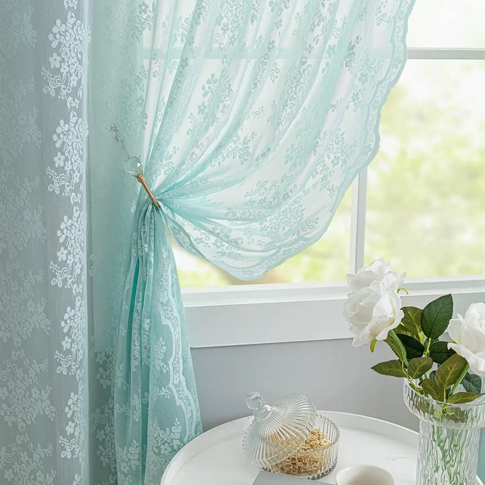 YJ YANJUN Aqua Sheer Curtains 84 inches Long 2 Panels Set, Retro Mint Green Lace Curtains for Girls Living Room Shabby Chic Memaid/Beach/Boho Room Decor, 52Wx84L Seafoam/Peal Aqua/Egg Blue
