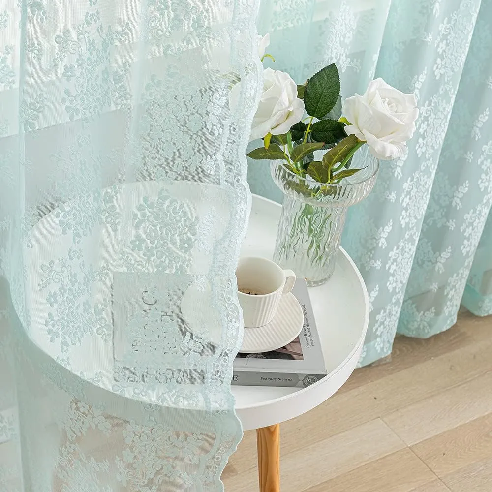 YJ YANJUN Aqua Sheer Curtains 84 inches Long 2 Panels Set, Retro Mint Green Lace Curtains for Girls Living Room Shabby Chic Memaid/Beach/Boho Room Decor, 52Wx84L Seafoam/Peal Aqua/Egg Blue