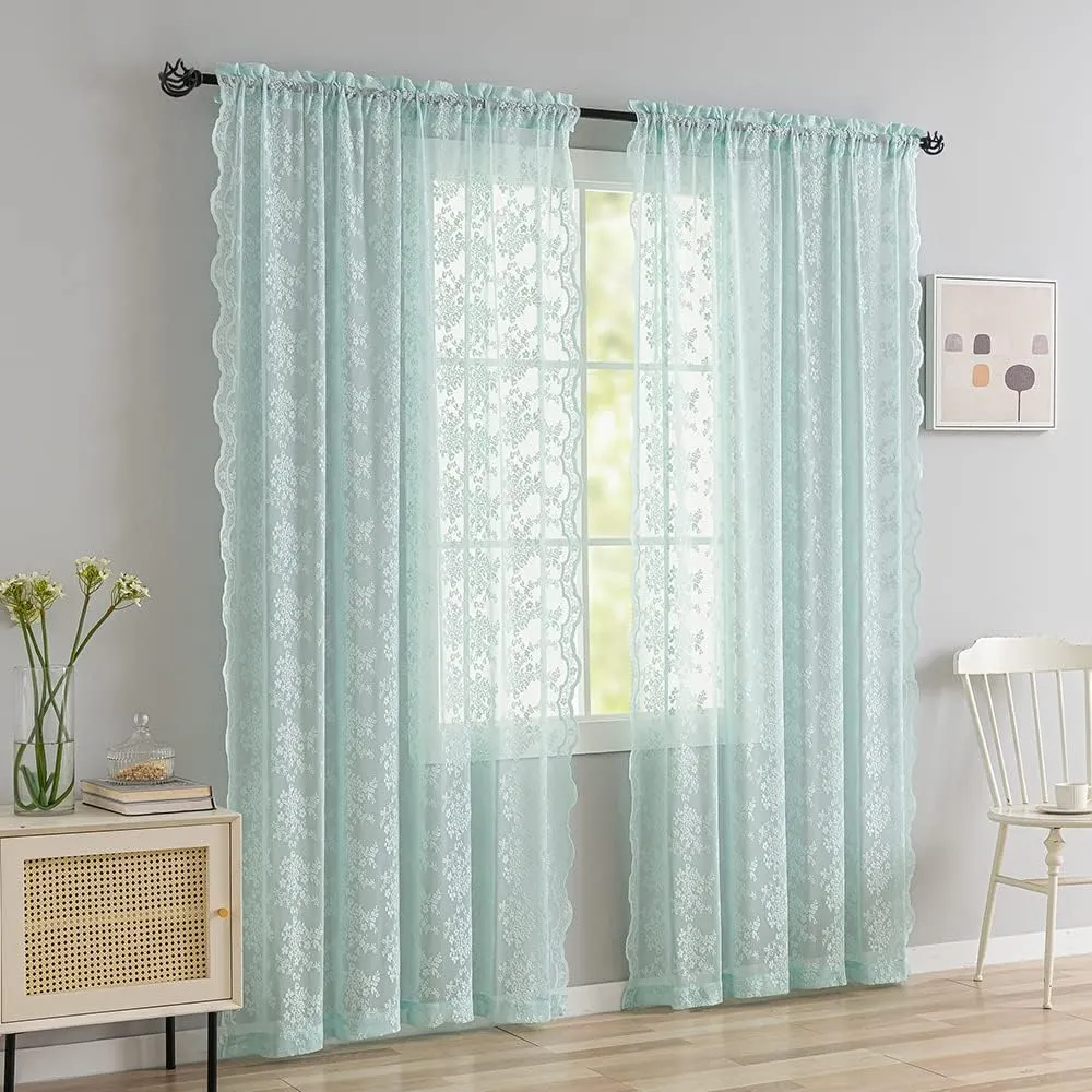YJ YANJUN Aqua Sheer Curtains 84 inches Long 2 Panels Set, Retro Mint Green Lace Curtains for Girls Living Room Shabby Chic Memaid/Beach/Boho Room Decor, 52Wx84L Seafoam/Peal Aqua/Egg Blue