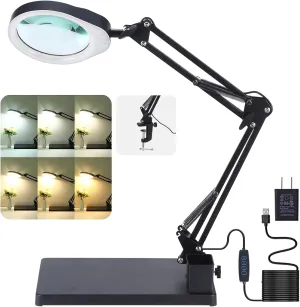 YOCTOSUN 10X Magnifying Glass Lamp with 6 Color Modes Stepless Dimmable, 96 LEDs and 5" Real Glass Lens, Adjustable Swivel Arm Desk Magnifier with Light and Stand for Crafts Hobby Close Work