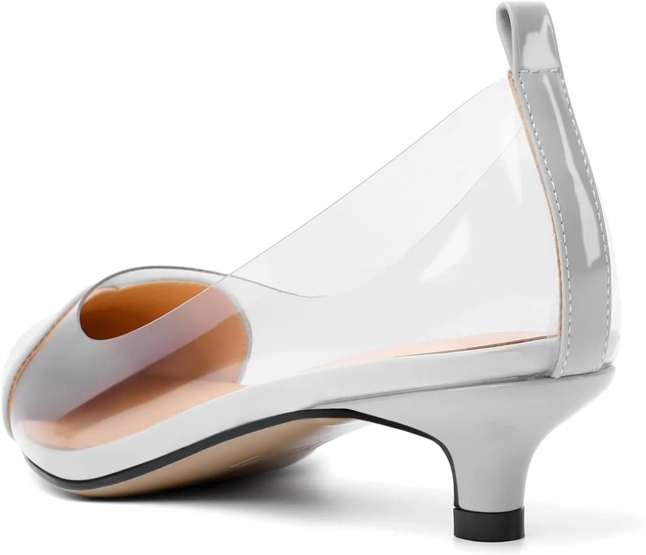 YODEKS Women Clear Heels Low Kitten Heel Pumps Slip On 1.5 Inch Pointed Cap Toe Dress Shoes
