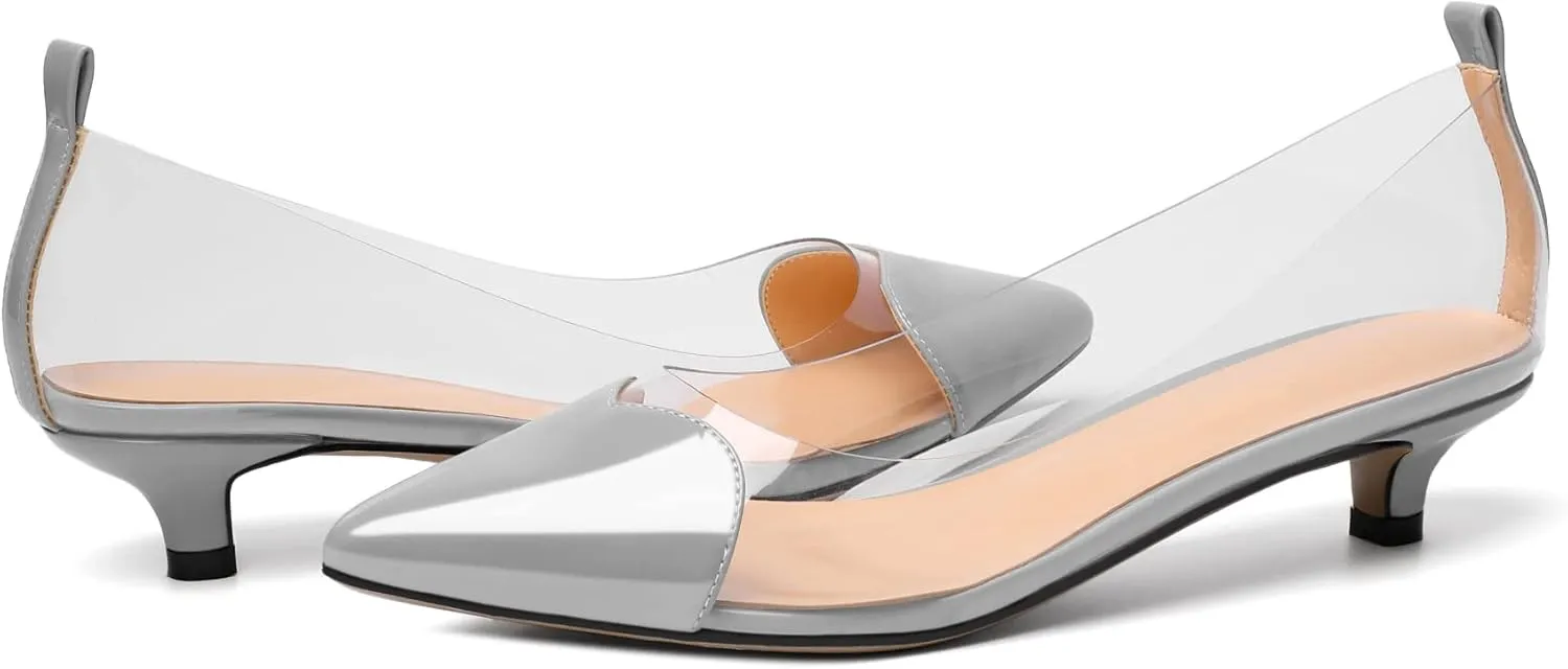 YODEKS Women Clear Heels Low Kitten Heel Pumps Slip On 1.5 Inch Pointed Cap Toe Dress Shoes