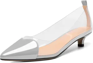 YODEKS Women Clear Heels Low Kitten Heel Pumps Slip On 1.5 Inch Pointed Cap Toe Dress Shoes
