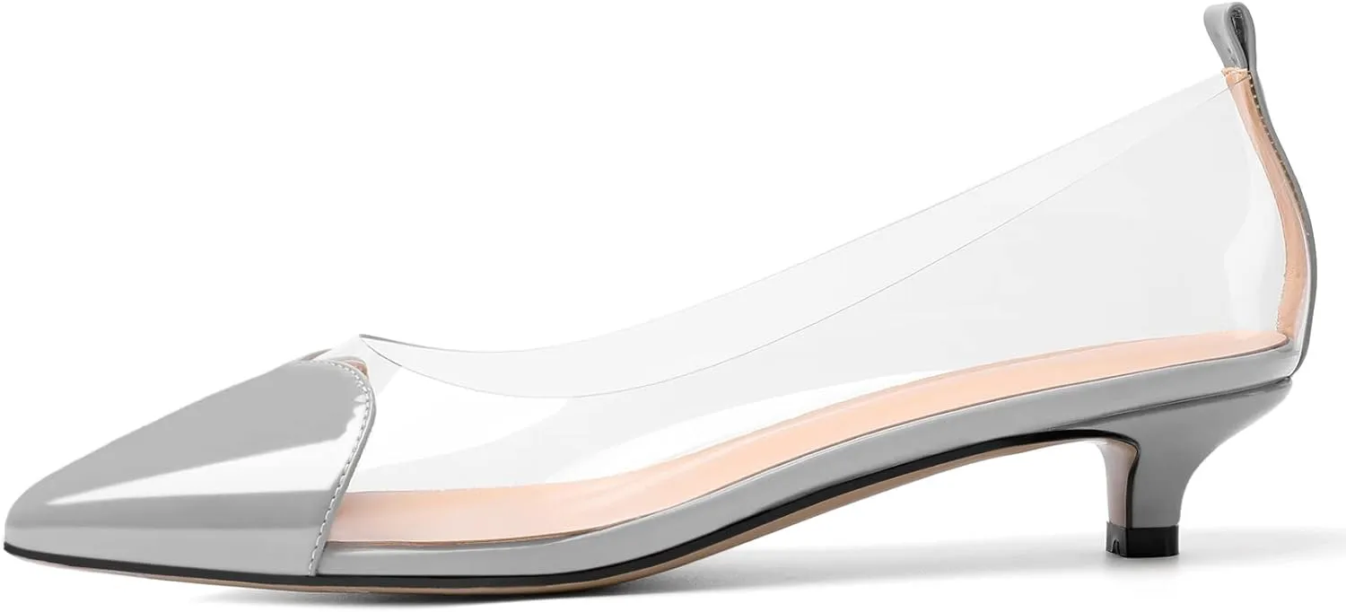 YODEKS Women Clear Heels Low Kitten Heel Pumps Slip On 1.5 Inch Pointed Cap Toe Dress Shoes
