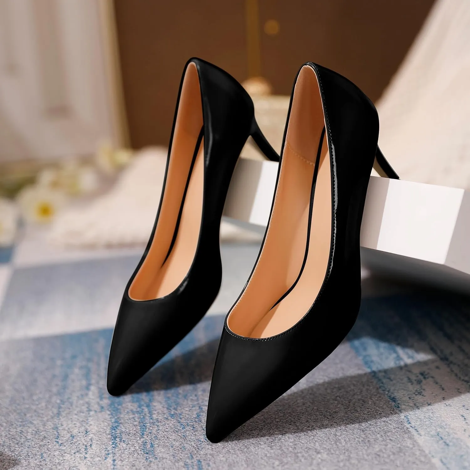 YODEKS Women's Kitten Heel Pumps Pointed Toe Slip On Classic Low Mid Heel Dress Shoes