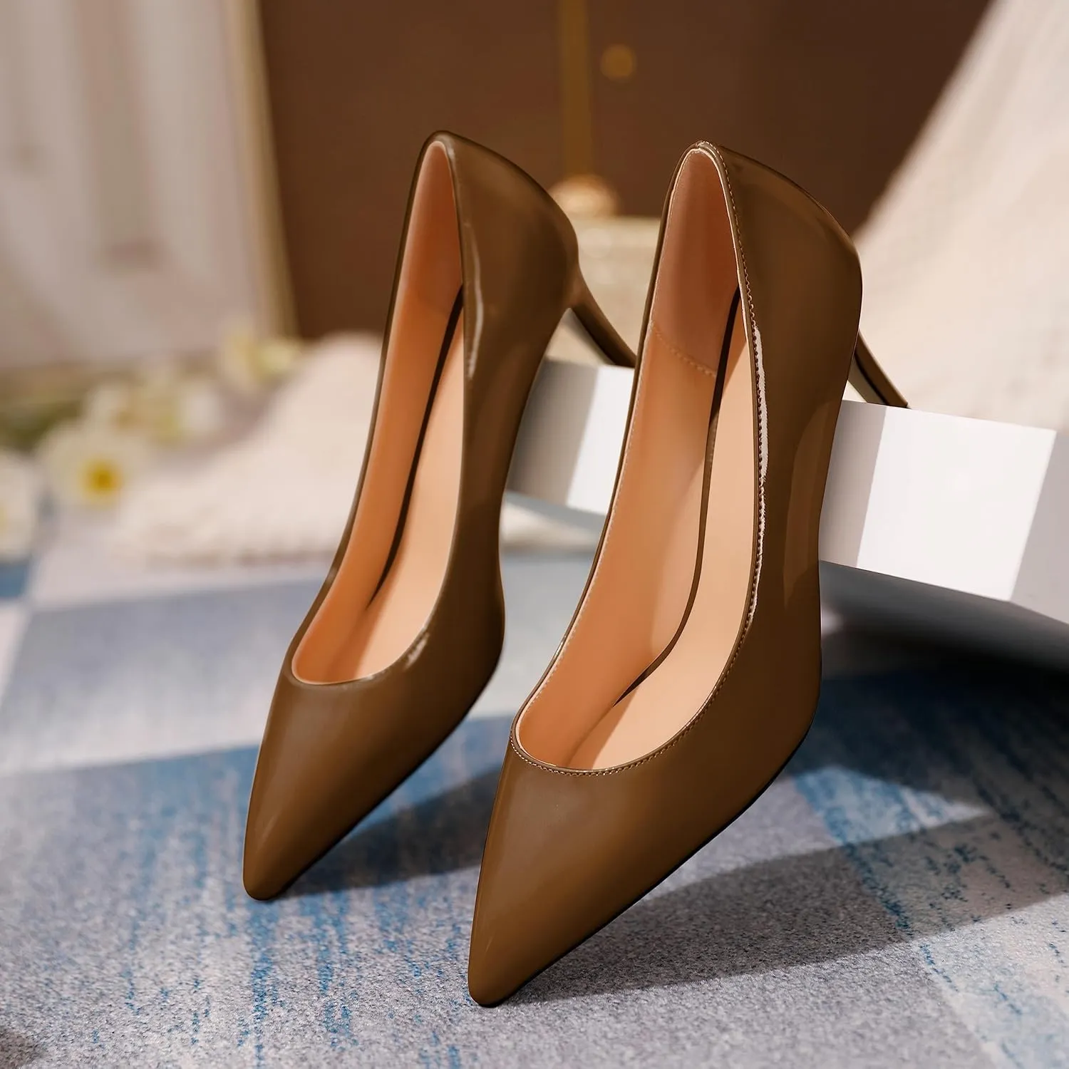 YODEKS Women's Kitten Heel Pumps Pointed Toe Slip On Classic Low Mid Heel Dress Shoes