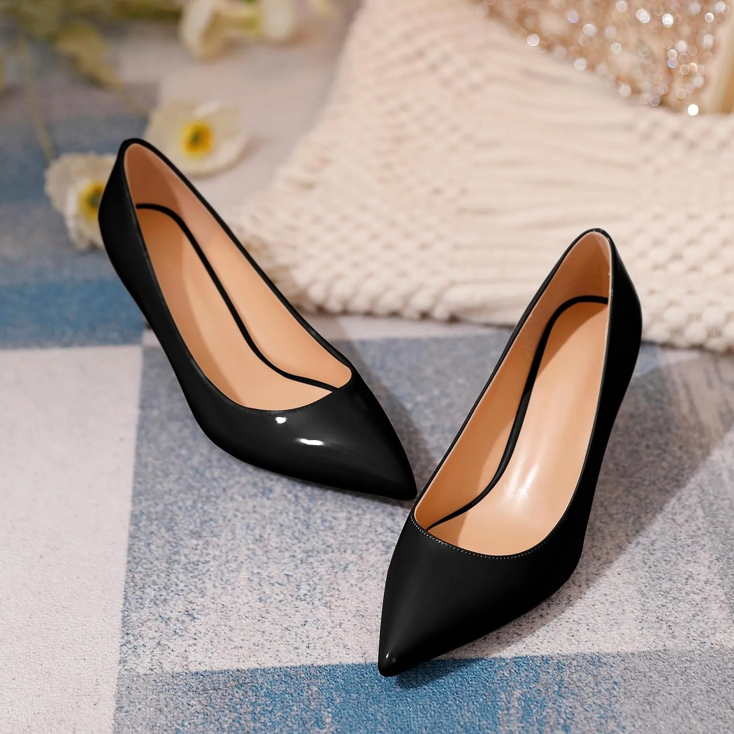 YODEKS Women's Kitten Heel Pumps Pointed Toe Slip On Classic Low Mid Heel Dress Shoes