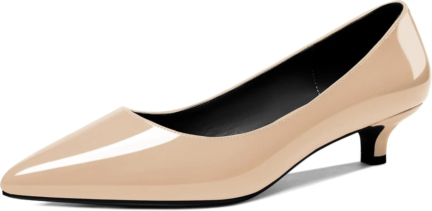 YODEKS Women's Low Kitten Heel Pumps Slip on Pointed Closed Toe 1.5 Inch Casual Office Work Dress Shoes