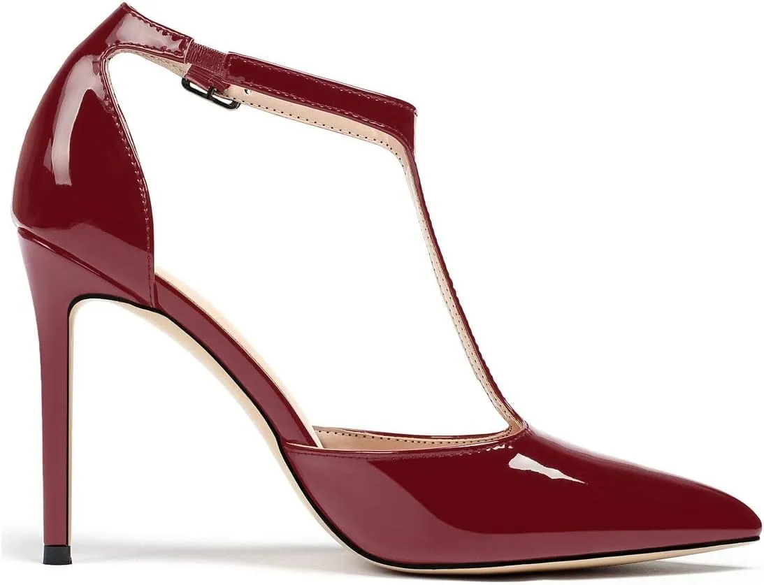 YODEKS Women's Pointed Toe T-Strap Cut Out Ankle Strap Stiletto High Heel Dress Party Pumps Shoes