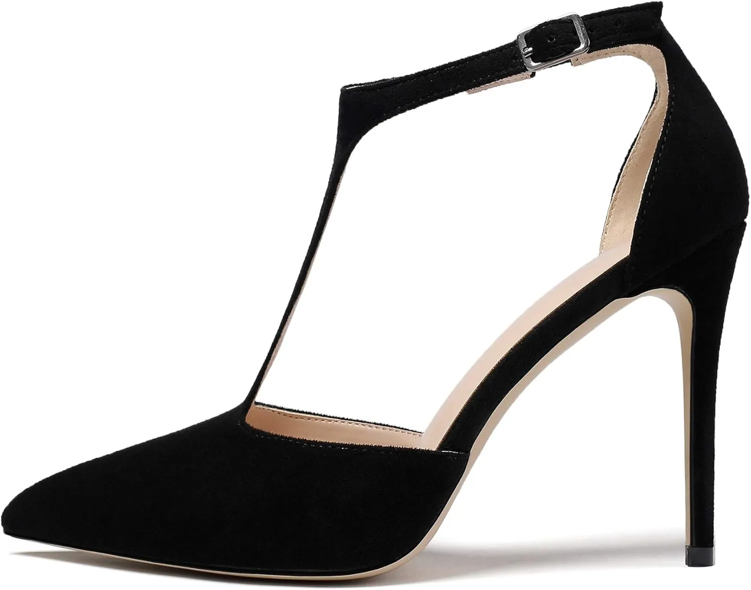 YODEKS Women's Pointed Toe T-Strap Cut Out Ankle Strap Stiletto High Heel Dress Party Pumps Shoes